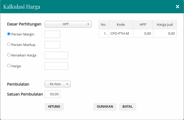 Gambar Tampilan Kalkulasi Harga