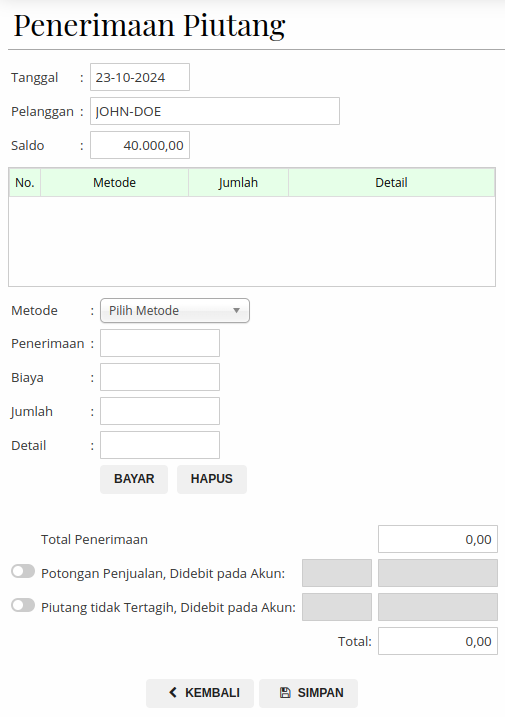 Gambar Tampilan Formulir Penerimaan Piutang