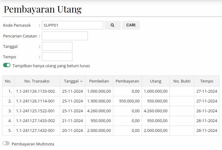 Gambar Tampilan Pembayaran Utang