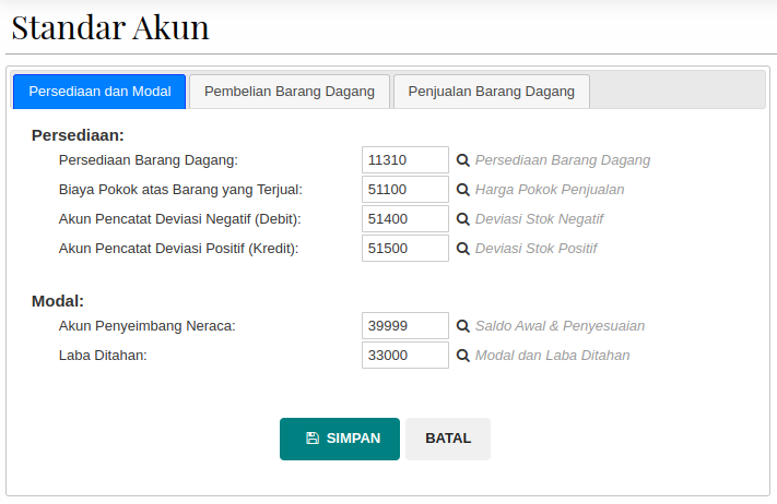 Gambar Pengaturan Standar Akun Persediaan dan Modal