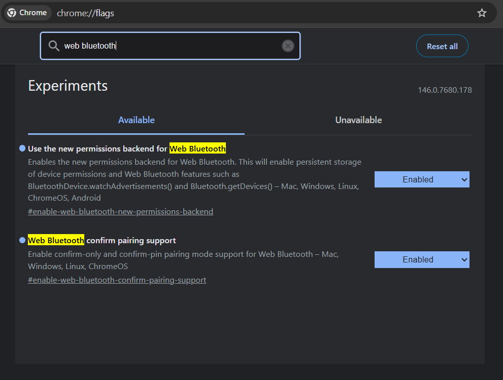 Gambar Tampilan Pengaktifan Web Bluetooth API pada Browser Chrome